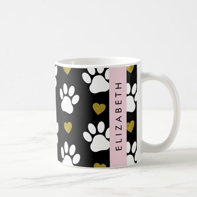 Dog Paws, White Paws, Gold Hearts, Your Name Coffee Mug (Right)