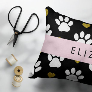 Dog Paws, White Paws, Gold Hearts, Your Name Decorative Cushion
