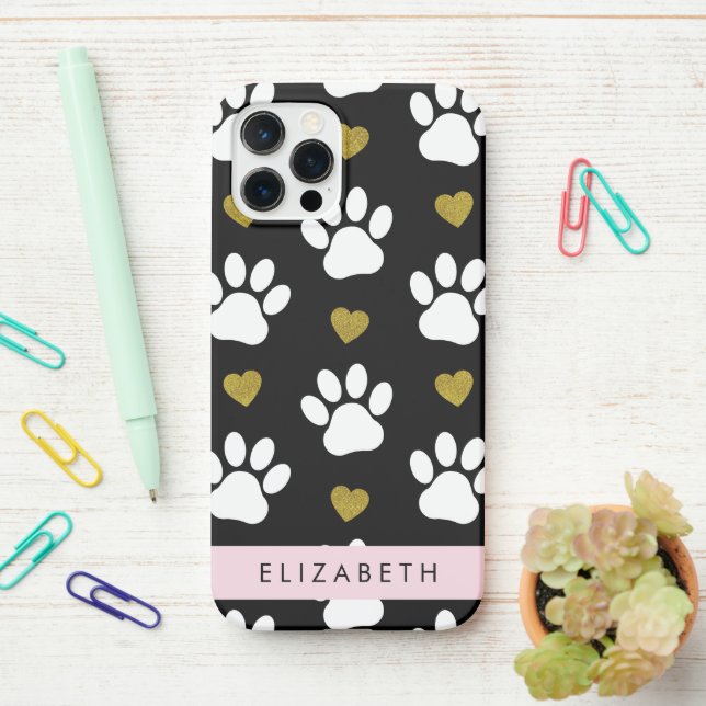 Dog Paws, White Paws, Gold Hearts, Your Name iPhone Case (On Desk)