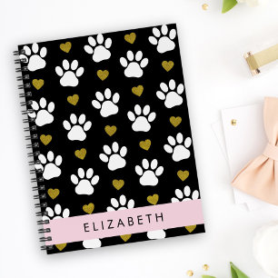 Dog Paws, White Paws, Gold Hearts, Your Name Notebook