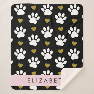 Dog Paws, White Paws, Gold Hearts, Your Name Sherpa Blanket
