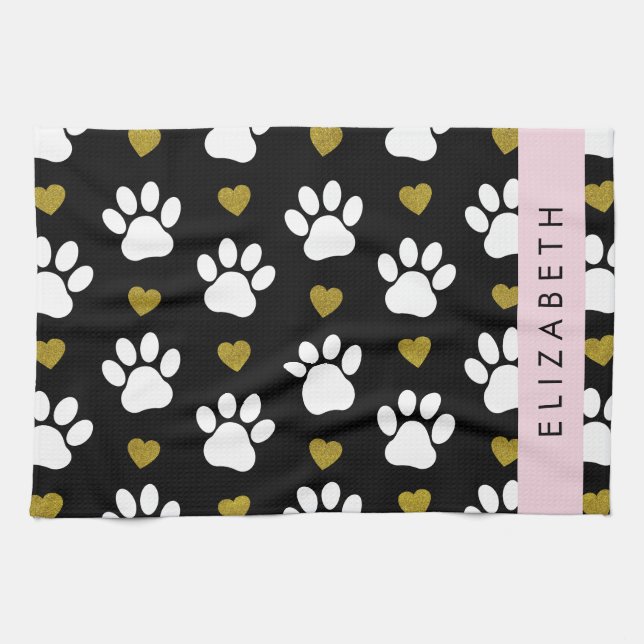 Dog Paws, White Paws, Gold Hearts, Your Name Tea Towel (Horizontal)