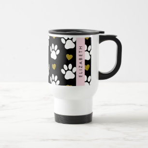 Dog Paws, White Paws, Gold Hearts, Your Name Travel Mug