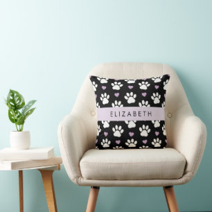 Dog Paws, White Paws, Lilac Hearts, Your Name Cushion