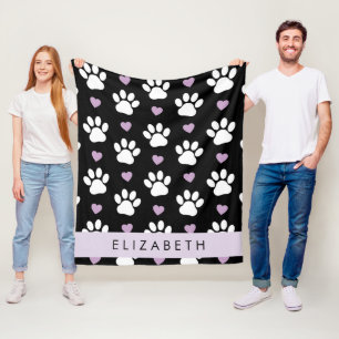 Dog Paws, White Paws, Lilac Hearts, Your Name Fleece Blanket