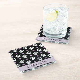 Dog Paws, White Paws, Lilac Hearts, Your Name Glass Coaster