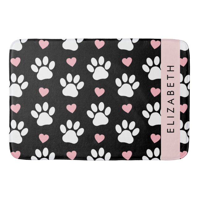 Dog Paws, White Paws, Pink Hearts, Your Name Bath Mat (Front)