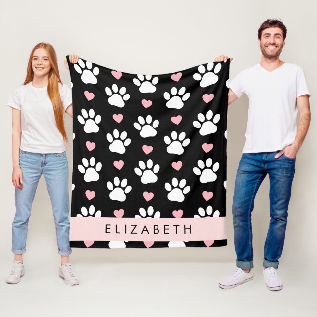Dog Paws, White Paws, Pink Hearts, Your Name Fleece Blanket (In Situ)