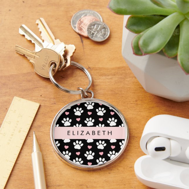 Dog Paws, White Paws, Pink Hearts, Your Name Key Ring (Desk)