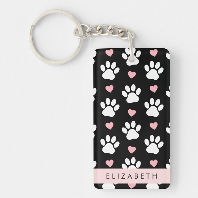 Dog Paws, White Paws, Pink Hearts, Your Name Key Ring (Front)