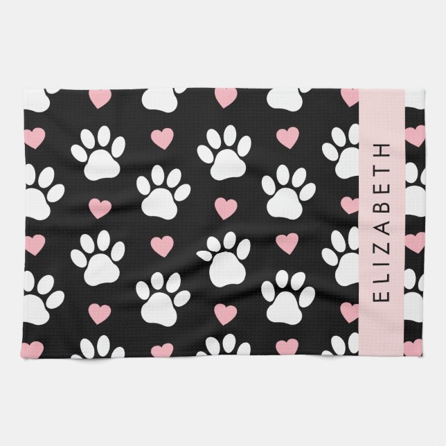 Dog Paws, White Paws, Pink Hearts, Your Name Tea Towel (Horizontal)