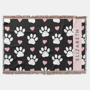 Dog Paws, White Paws, Pink Hearts, Your Name Throw Blanket