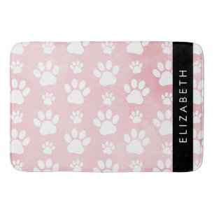Dog Paws, White Paws, Pink Watercolors, Your Name Bath Mat