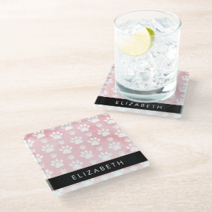 Dog Paws, White Paws, Pink Watercolors, Your Name Glass Coaster