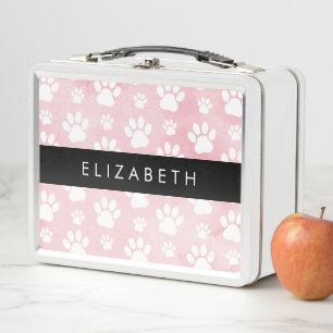 Dog Paws, White Paws, Pink Watercolors, Your Name Metal Lunch Box
