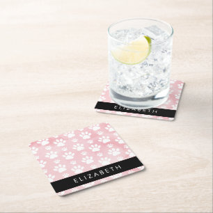 Dog Paws, White Paws, Pink Watercolors, Your Name Square Paper Coaster