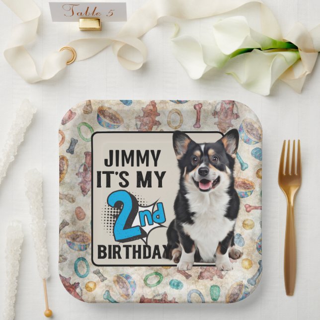 Dog Personalised 2nd birthday party  Paper Plates (Wedding)