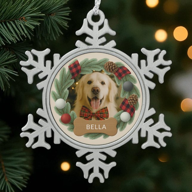 Dog Personalised Name Photo Christmas Plaid  Snowflake Pewter Christmas Ornament (Creator Uploaded)