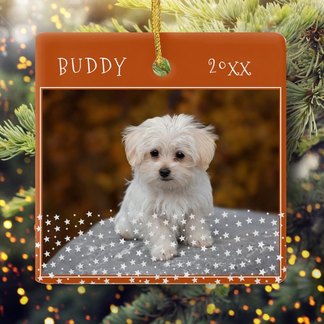 Dog Pet 2 Photos Star Pattern Orange Christmas  Ceramic Ornament (Creator Uploaded)