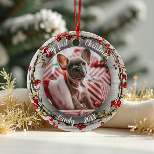 Dog Pet First Christmas Photo Red Berry Wreath Ceramic Ornament