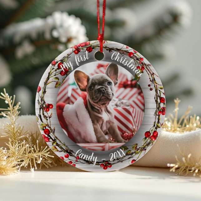 Dog Pet First Christmas Photo Red Berry Wreath Ceramic Ornament (Creator Uploaded)