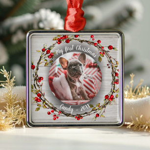 Dog Pet First Christmas Photo Rusti Wreaths Cerami Metal Ornament