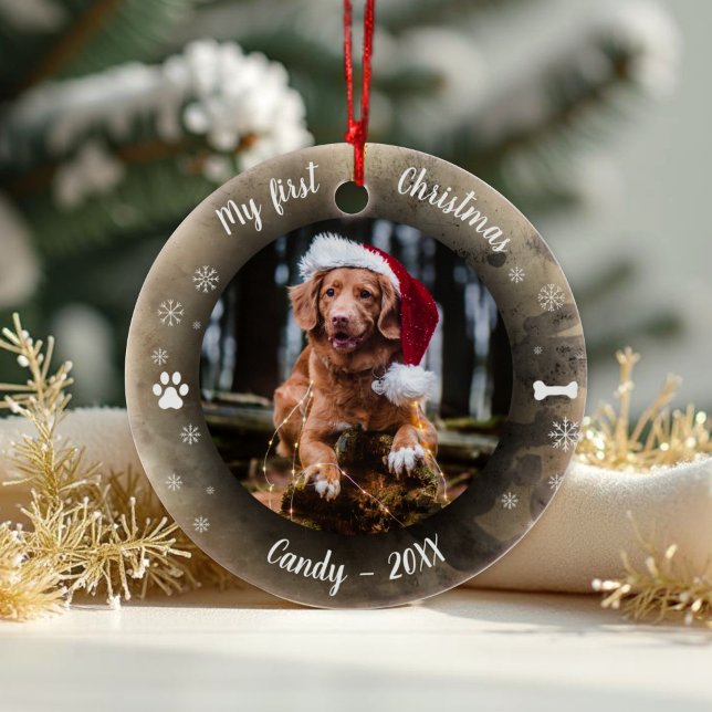 Dog Pet First Christmas Photo Rustic Animal Print  Ceramic Ornament (Creator Uploaded)