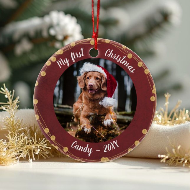 Dog Pet First Christmas Photo Rustic Light Wreaths Ceramic Ornament (Creator Uploaded)