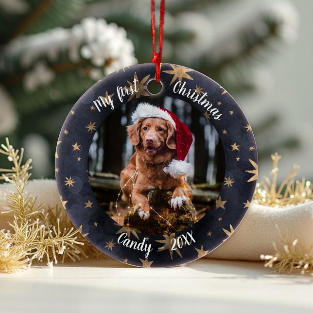 Dog Pet First Christmas Photo Rustic Messy Stars Ceramic Ornament (Creator Uploaded)