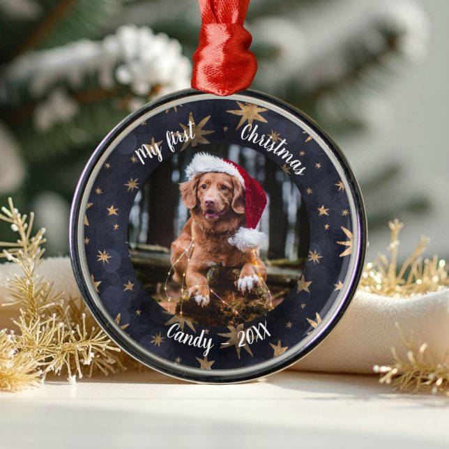 Dog Pet First Christmas Photo Rustic Messy Stars Metal Ornament (Creator Uploaded)