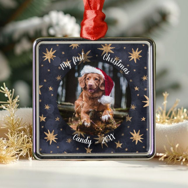 Dog Pet First Christmas Photo Rustic Messy Stars Metal Ornament (Creator Uploaded)