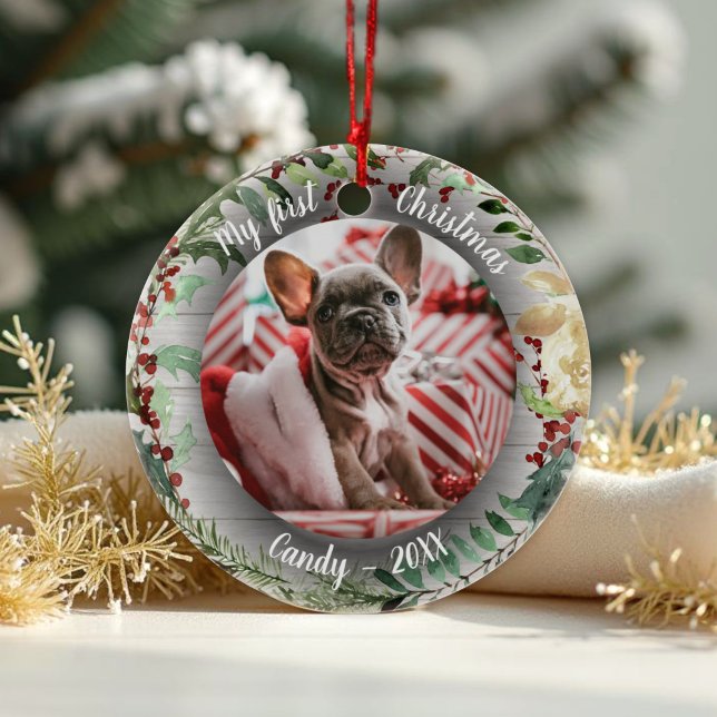 Dog Pet First Christmas Photo Winter Wreath Ceramic Ornament (Creator Uploaded)