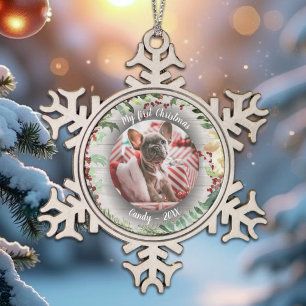 Dog Pet First Christmas Photo Winter Wreath Snowflake Pewter Christmas Ornament