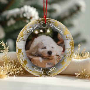 Dog Pet First Christmas Photo Wreaths Gold Foils Ceramic Ornament