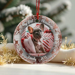 Dog Pet First Christmas Photo Wreaths Rose Foils  Ceramic Ornament