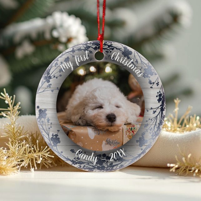 Dog Pet First Christmas Photo Wreaths Silver Foil Ceramic Ornament (Creator Uploaded)