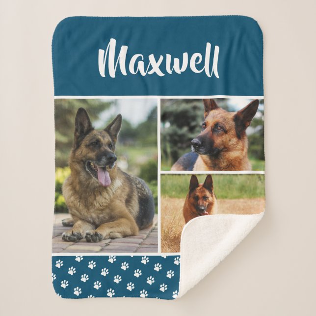 Dog Pet Lover Photo Collage Memorial Pawprint Sherpa Blanket (Front)