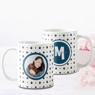 Dog Pet Monogram Photo Paw Print Navy Blue Coffee Mug