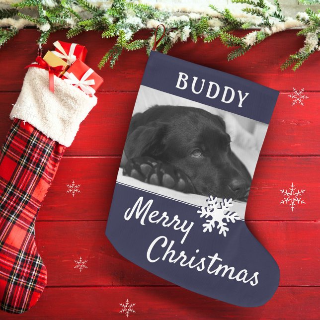 Dog Pet Name Photo Snowflake Dark Blue Large Christmas Stocking (Creator Uploaded)