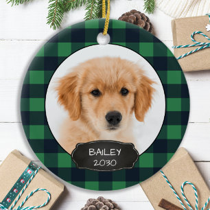 Dog Pet Photo Christmas Puppy Rustic Green Plaid C Ceramic Ornament