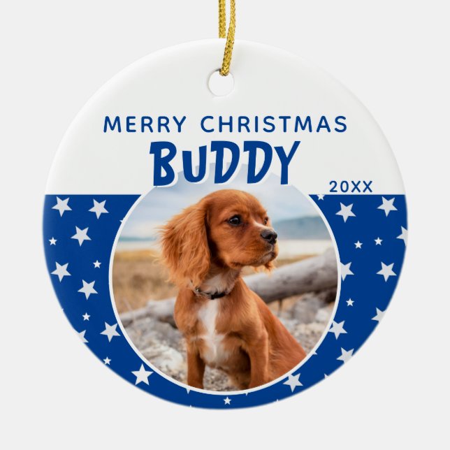 Dog Pet Photo Merry Christmas Blue Star Pattern  Ceramic Ornament (Front)