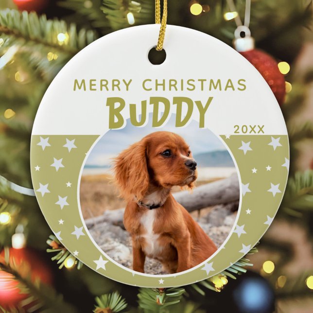 Dog Pet Photo Merry Christmas Star Pattern Ceramic Ornament (Creator Uploaded)