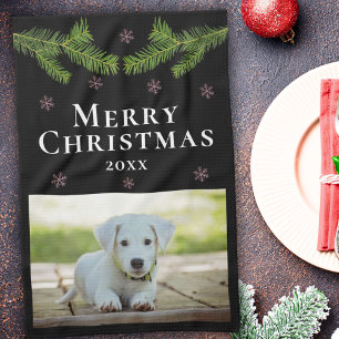 Dog Pet Photo Pine Snowflakes Merry Christmas Tea Towel