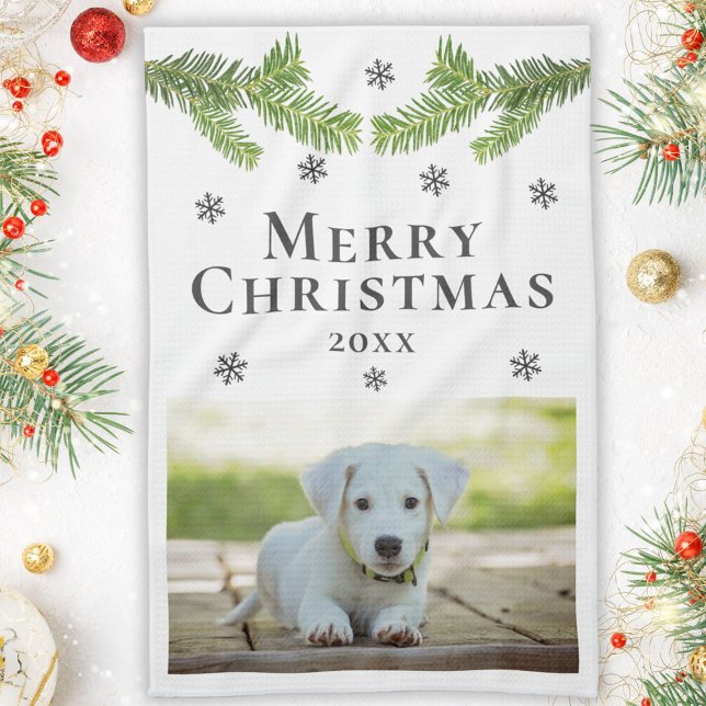 Dog Pet Photo Pine Snowflakes Merry Christmas Tea Towel (Creator Uploaded)