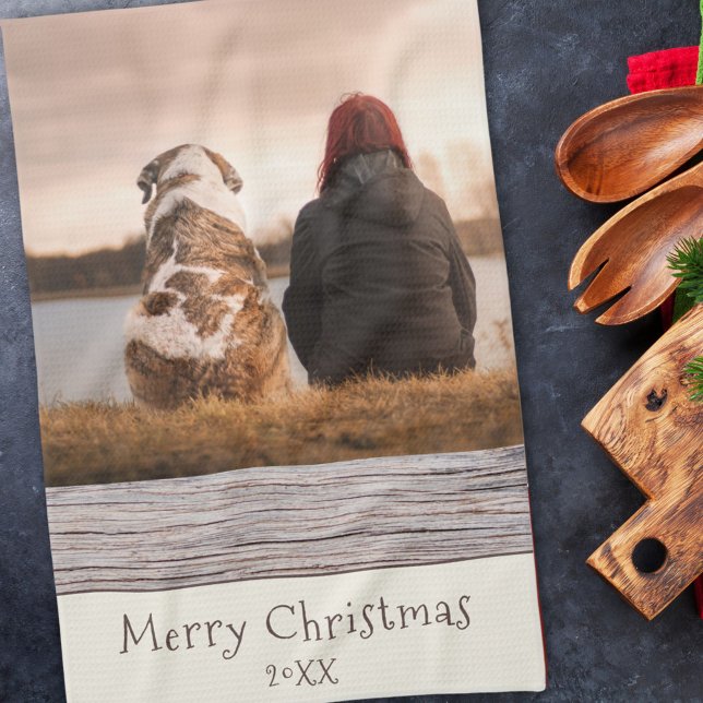 Dog Pet Photo Rustic Wood Merry Christmas Tea Towel (Creator Uploaded)