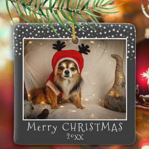 Dog Pet Photo Stars Grey Merry Christmas Ceramic Ornament