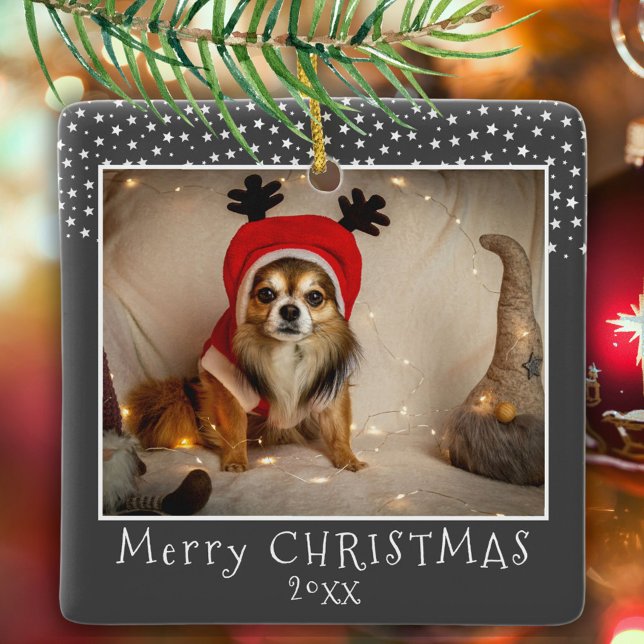 Dog Pet Photo Stars Grey Merry Christmas  Ceramic Ornament (Creator Uploaded)