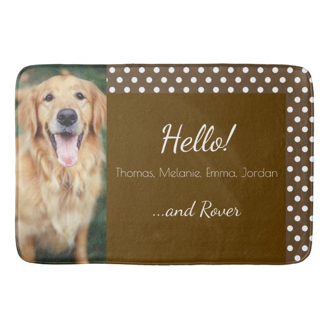 Dog Photo and Family Name Polka Dot Brown Bath Mat (Front)