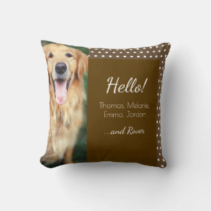 Dog Photo and Family Name Polka Dot Brown Cushion