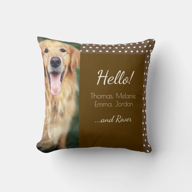Dog Photo and Family Name Polka Dot Brown Cushion (Front)